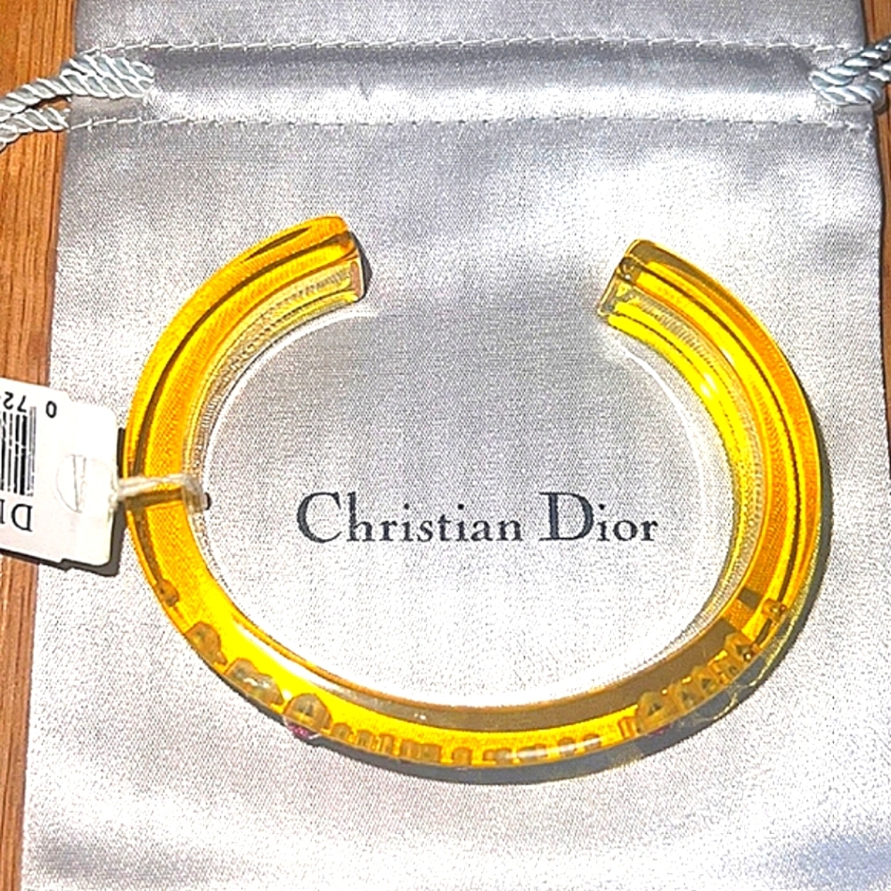 💛 Christian Dior Yellow Acrylic Cuff Bracelet w/Pink Rhinestones NWT! - Picture 10 of 15